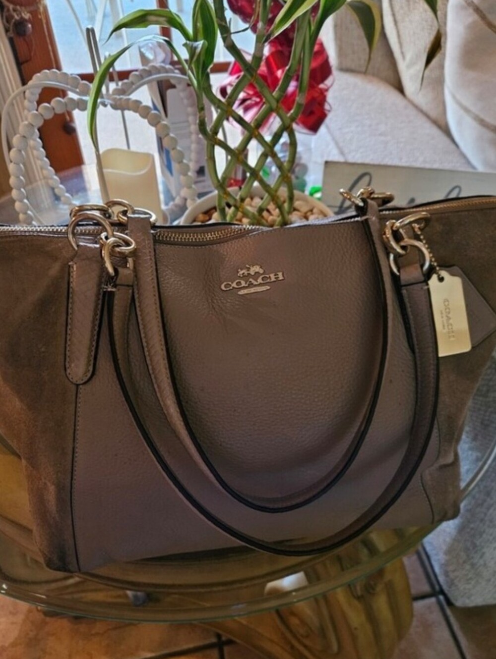 Coach Beige Taupe Genuine Leather & Suede Tote Bag with Gold Hangtag - Picture 5 of 6